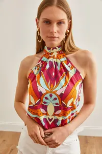 Olalook Women's Multi-Colored Collar Buttoned Halter Collar Flowy Blouse - Image 4