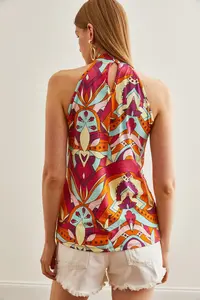 Olalook Women's Multi-Colored Collar Buttoned Halter Collar Flowy Blouse - Image 5