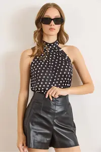 Olalook Women's Polka Dot Black Collar Buttoned Halter Collar Flowy Blouse - Image 3
