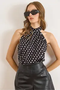 Olalook Women's Polka Dot Black Collar Buttoned Halter Collar Flowy Blouse - Image 5