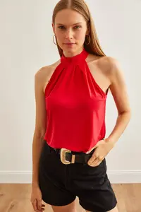 Olalook Women's Red Collar Buttoned Halter Collar Flowy Blouse