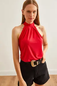 Olalook Women's Red Collar Buttoned Halter Collar Flowy Blouse - Image 2