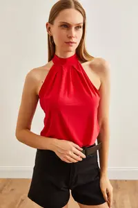 Olalook Women's Red Collar Buttoned Halter Collar Flowy Blouse - Image 3