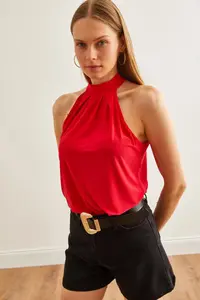 Olalook Women's Red Collar Buttoned Halter Collar Flowy Blouse - Image 5