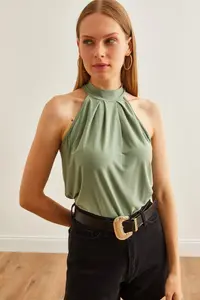 Olalook Women's Green Buttoned Collar Halter Collar Flowy Blouse - Image 3