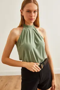 Olalook Women's Green Buttoned Collar Halter Collar Flowy Blouse - Image 5