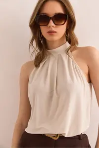 Olalook Women's Stone Collar Buttoned Halter Collar Flowy Blouse