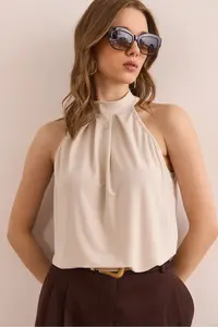 Olalook Women's Stone Collar Buttoned Halter Collar Flowy Blouse - Image 3
