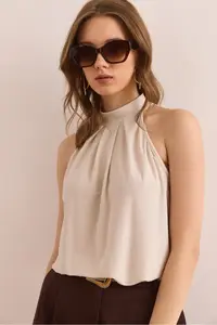 Olalook Women's Stone Collar Buttoned Halter Collar Flowy Blouse - Image 4