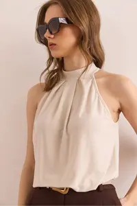 Olalook Women's Stone Collar Buttoned Halter Collar Flowy Blouse - Image 5