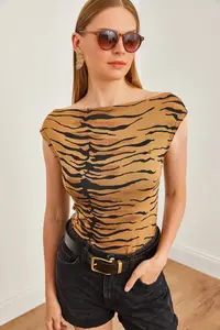 Olalook Women's Camel Zebra Ruffle Collar Soft Textured Stretchy Viscose Blouse