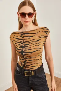 Olalook Women's Camel Zebra Ruffle Collar Soft Textured Stretchy Viscose Blouse - Image 2
