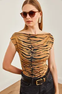 Olalook Women's Camel Zebra Ruffle Collar Soft Textured Stretchy Viscose Blouse - Image 3