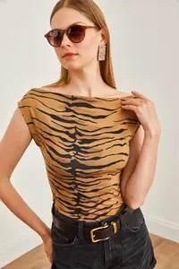 Olalook Women's Camel Zebra Ruffle Collar Soft Textured Stretchy Viscose Blouse - Image 4