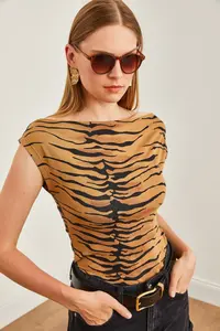 Olalook Women's Camel Zebra Ruffle Collar Soft Textured Stretchy Viscose Blouse - Image 5
