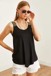 Olalook Women's Black Ethnic Strappy Asymmetrical Knitted Viscose Blouse