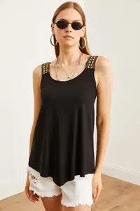 Olalook Women's Black Ethnic Strappy Asymmetrical Knitted Viscose Blouse - Image 2