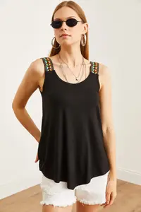 Olalook Women's Black Ethnic Strappy Asymmetrical Knitted Viscose Blouse - Image 3