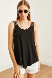Olalook Women's Black Ethnic Strappy Asymmetrical Knitted Viscose Blouse - Image 4