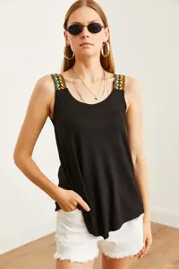 Olalook Women's Black Ethnic Strappy Asymmetrical Knitted Viscose Blouse - Image 5