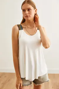 Olalook Women's Ecru Ethnic Strappy Asymmetrical Knitted Viscose Blouse