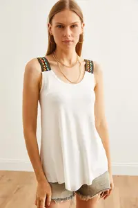 Olalook Women's Ecru Ethnic Strappy Asymmetrical Knitted Viscose Blouse - Image 3