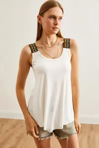 Olalook Women's Ecru Ethnic Strappy Asymmetrical Knitted Viscose Blouse - Image 4