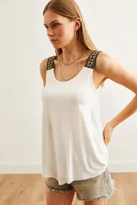 Olalook Women's Ecru Ethnic Strappy Asymmetrical Knitted Viscose Blouse - Image 5