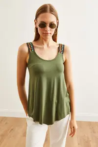 Olalook Women's Khaki Ethnic Strappy Asymmetrical Knitted Viscose Blouse - Image 3