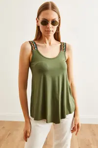 Olalook Women's Khaki Ethnic Strappy Asymmetrical Knitted Viscose Blouse - Image 5