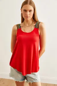 Olalook Women's Red Ethnic Strap Asymmetrical Knitted Viscose Blouse