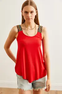 Olalook Women's Red Ethnic Strap Asymmetrical Knitted Viscose Blouse - Image 2