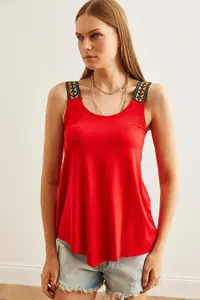 Olalook Women's Red Ethnic Strap Asymmetrical Knitted Viscose Blouse - Image 3