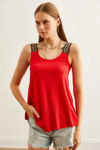 Olalook Women's Red Ethnic Strap Asymmetrical Knitted Viscose Blouse - Image 4