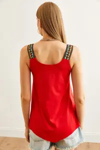 Olalook Women's Red Ethnic Strap Asymmetrical Knitted Viscose Blouse - Image 5