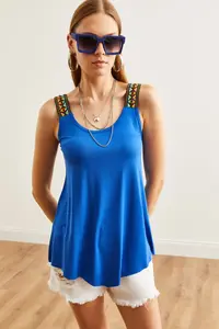 Olalook Women's Saks Blue Ethnic Strappy Asymmetrical Knitted Viscose Blouse - Image 3