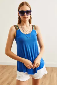 Olalook Women's Saks Blue Ethnic Strappy Asymmetrical Knitted Viscose Blouse - Image 5