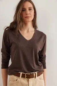 Olalook Women's Brown V-Neck Wool Viscose Flowy Blouse