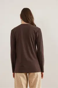 Olalook Women's Brown V-Neck Wool Viscose Flowy Blouse - Image 2