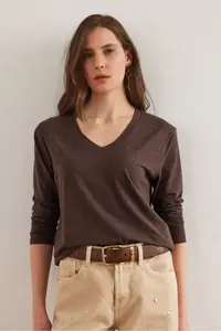 Olalook Women's Brown V-Neck Wool Viscose Flowy Blouse - Image 3