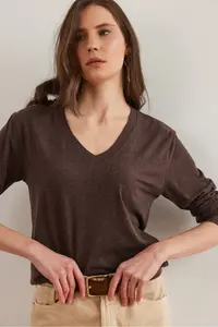 Olalook Women's Brown V-Neck Wool Viscose Flowy Blouse - Image 4