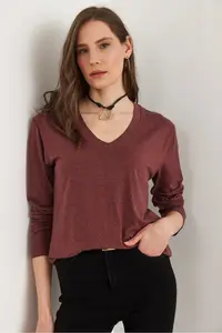 Olalook Women's Dark Rose V-Neck Wool Viscose Flowy Blouse - Image 3