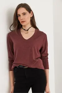 Olalook Women's Dark Rose V-Neck Wool Viscose Flowy Blouse - Image 4