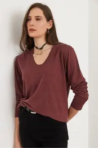 Olalook Women's Dark Rose V-Neck Wool Viscose Flowy Blouse - Image 5