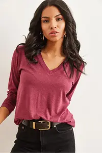 Olalook Women's Dusty Rose V-Neck Wool Viscose Flowy Blouse - Image 3