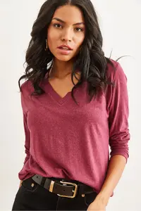 Olalook Women's Dusty Rose V-Neck Wool Viscose Flowy Blouse - Image 4