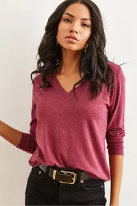 Olalook Women's Dusty Rose V-Neck Wool Viscose Flowy Blouse - Image 5