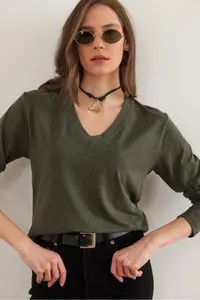 Olalook Women's Khaki V-Neck Wool Viscose Flowy Blouse