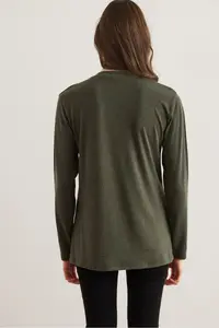 Olalook Women's Khaki V-Neck Wool Viscose Flowy Blouse - Image 2
