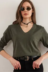 Olalook Women's Khaki V-Neck Wool Viscose Flowy Blouse - Image 3